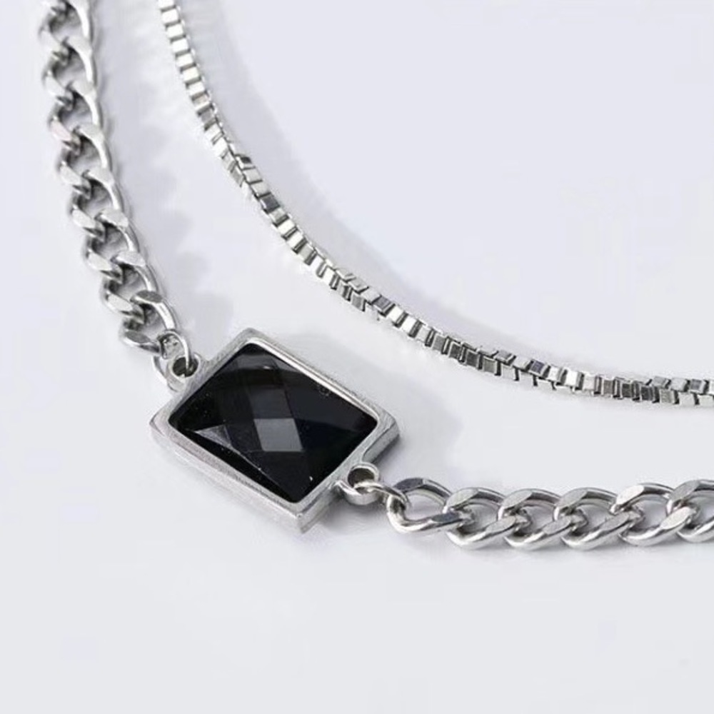đź’ŽBlack Rectangle Stone Titanium Steel Necklace Chain Double layer thick silver - Picture 8 of 10